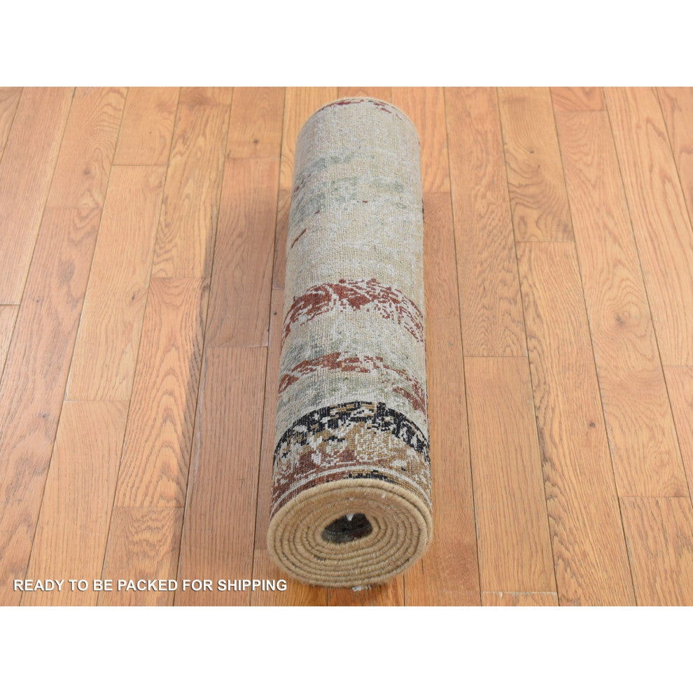Gray, Erased Tulip Design Silk With Wool Hand Knotted Runner Rug, 2'6"x9'10"