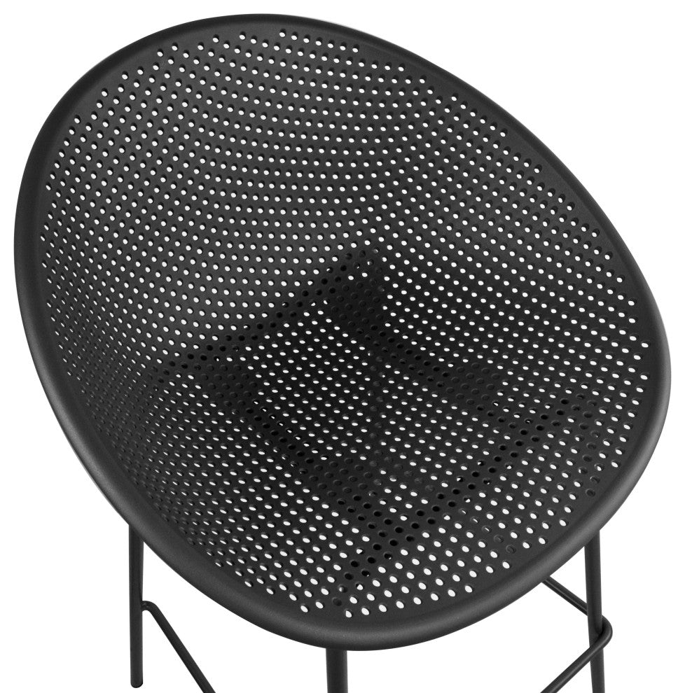Set of 2 Modern Counter Stools with Perforated Low Back and Metal Frame, 25.5", Black