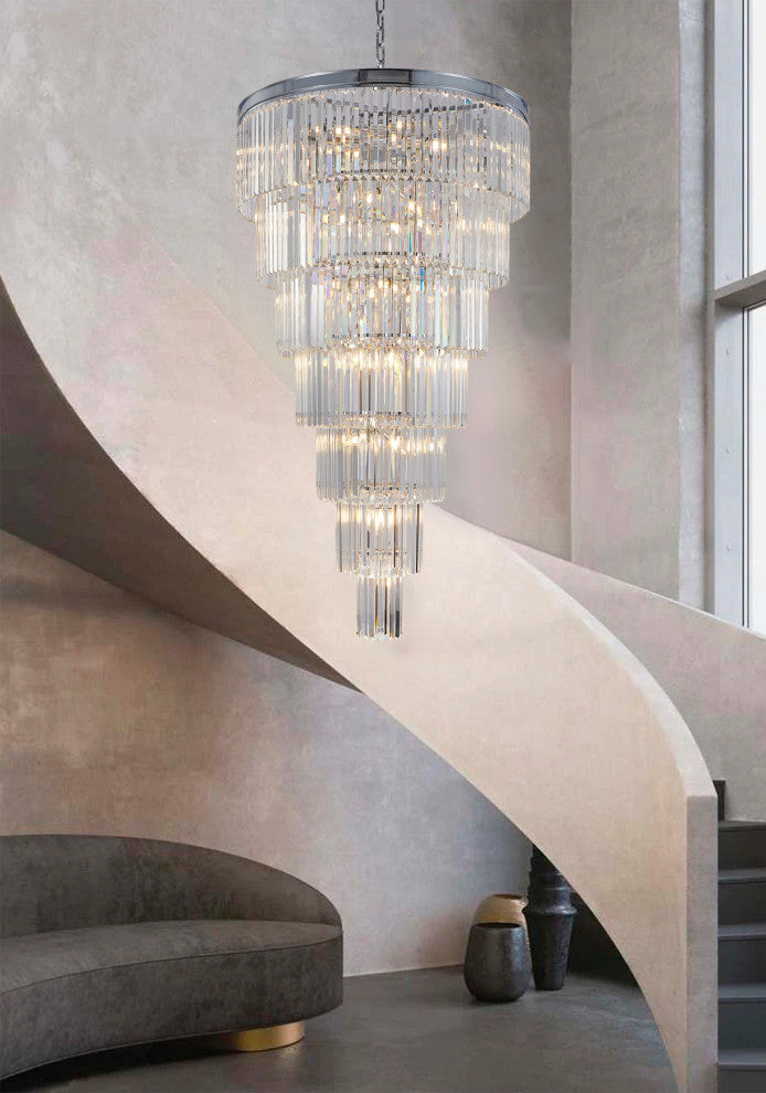 36" 34-Light Brass Metal 7-Tier Chandelier With Clear Crystals, Chrome, D36'' H72''