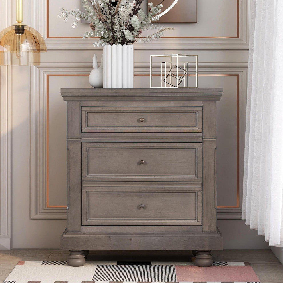 3-Drawer Wood Nightstand, Grey, 30'' Tall