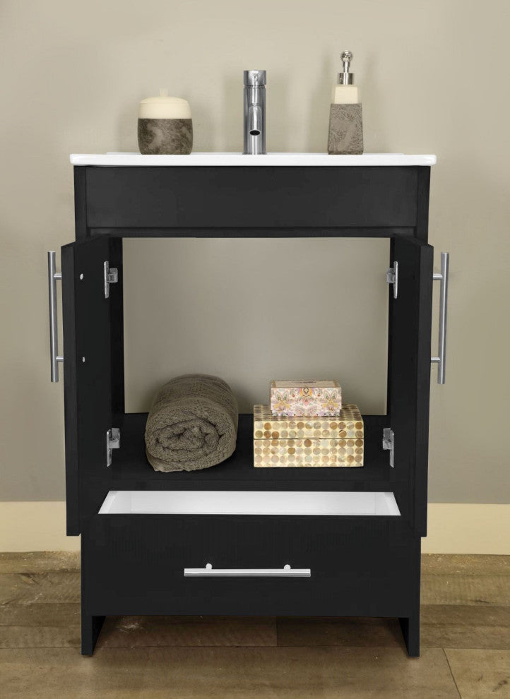 Pacific 24 Bathroom Vanity With Ceramic Top and Brushed Nickel Handles, Black