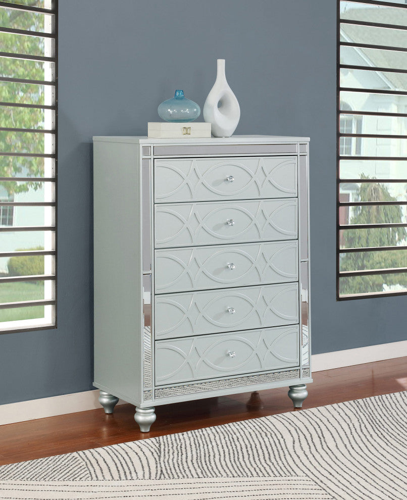 Glam 5 Drawer Chest with Mirror Accent, Silver