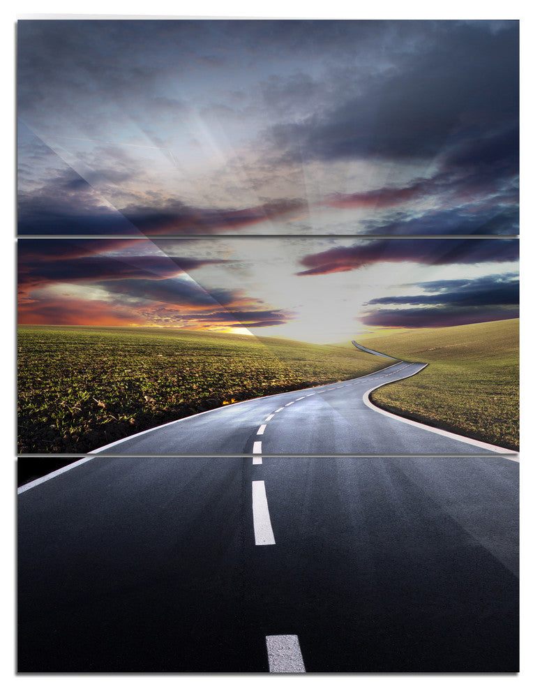 "Road to Hills Under Clouds" Photo Metal Wall Art, 3 Panels, 28"x36"