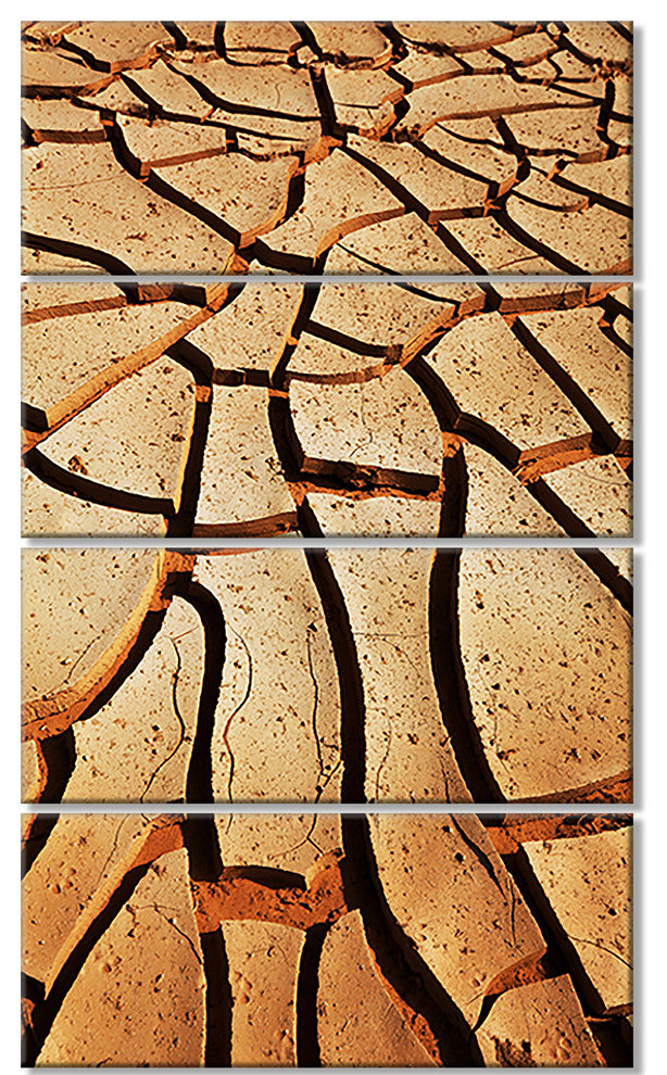 Cracked Brown Drought Land, African Landscape Canvas Print, 28"x48", 4 Panels