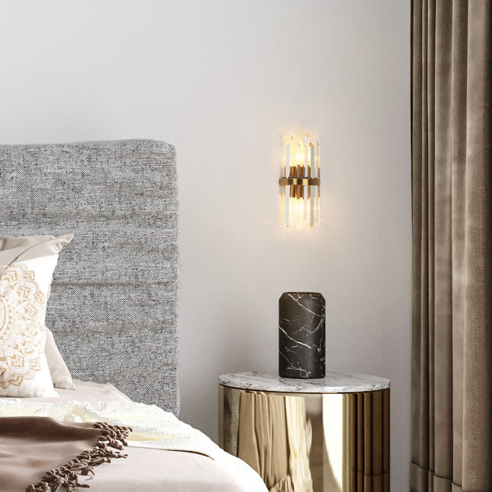 LNC 2-Light 6" Modern Brass Crystal Glass Wall Sconce, Vertical Prism Design