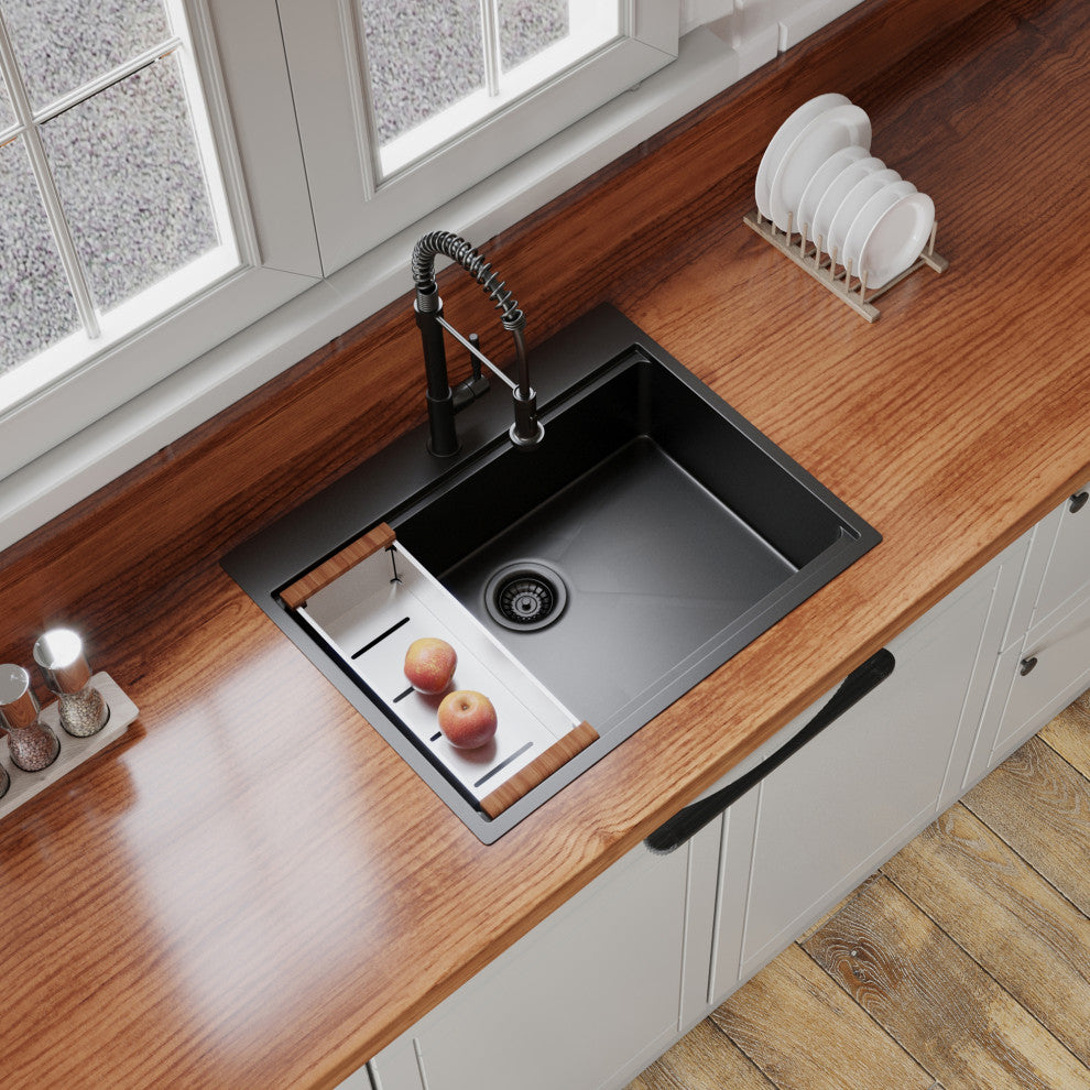 Drop In Stainless Steel Single Bowl Workstation Kitchen Sink, Gunmetal Black, 30 X 22