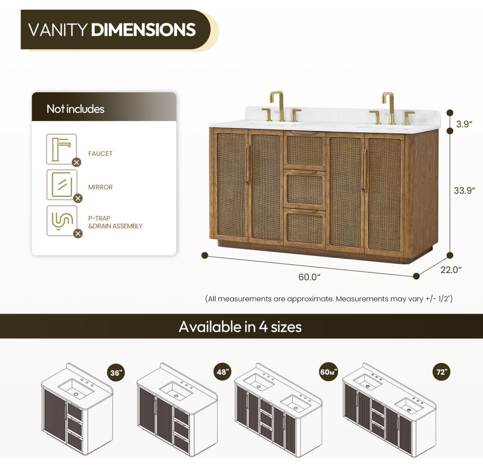 Busan Bath Vanity, Quartz Top No Mirror, Oak Classic Brown, 60", Double Vanity