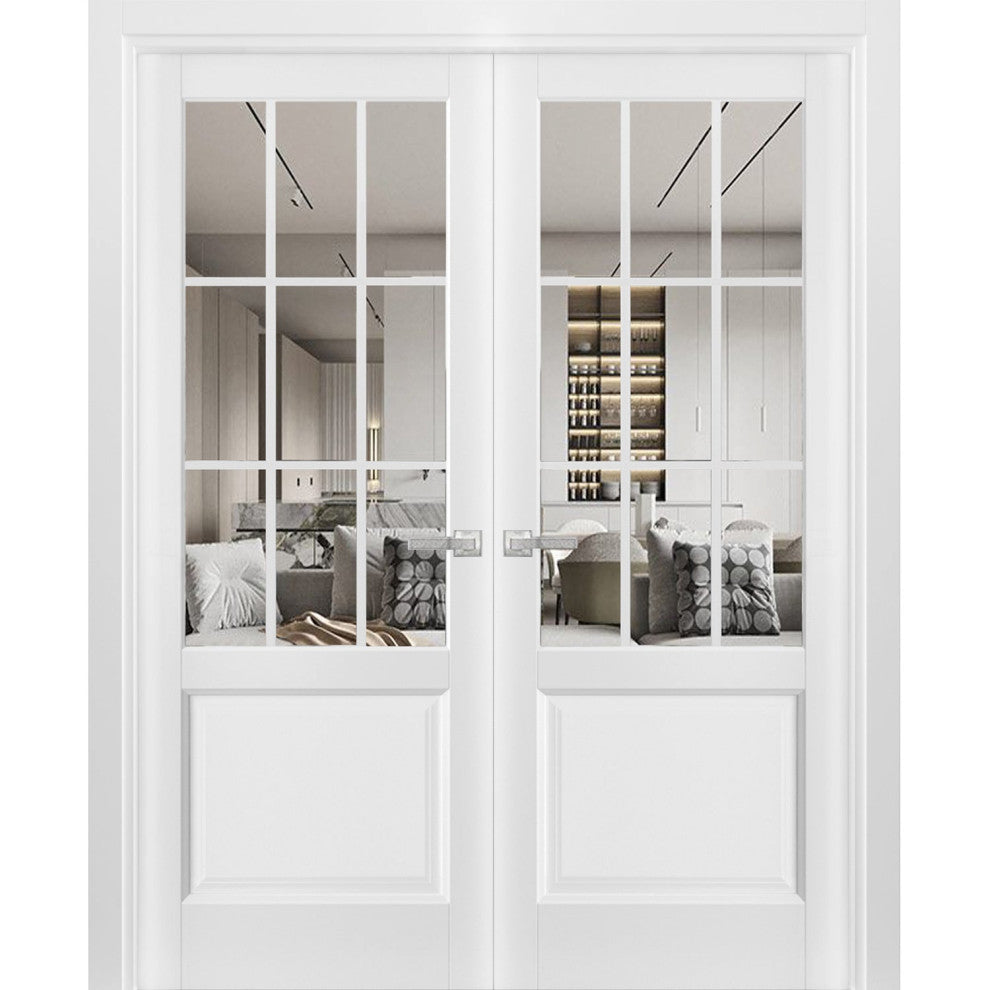 Interior French Double Doors|Felicia 3599 White Silk with Clear Glass -64x80