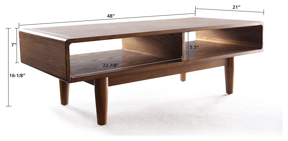 Mid Century Coffee Table, Hardwood Construction With 2 Compartments, Walnut