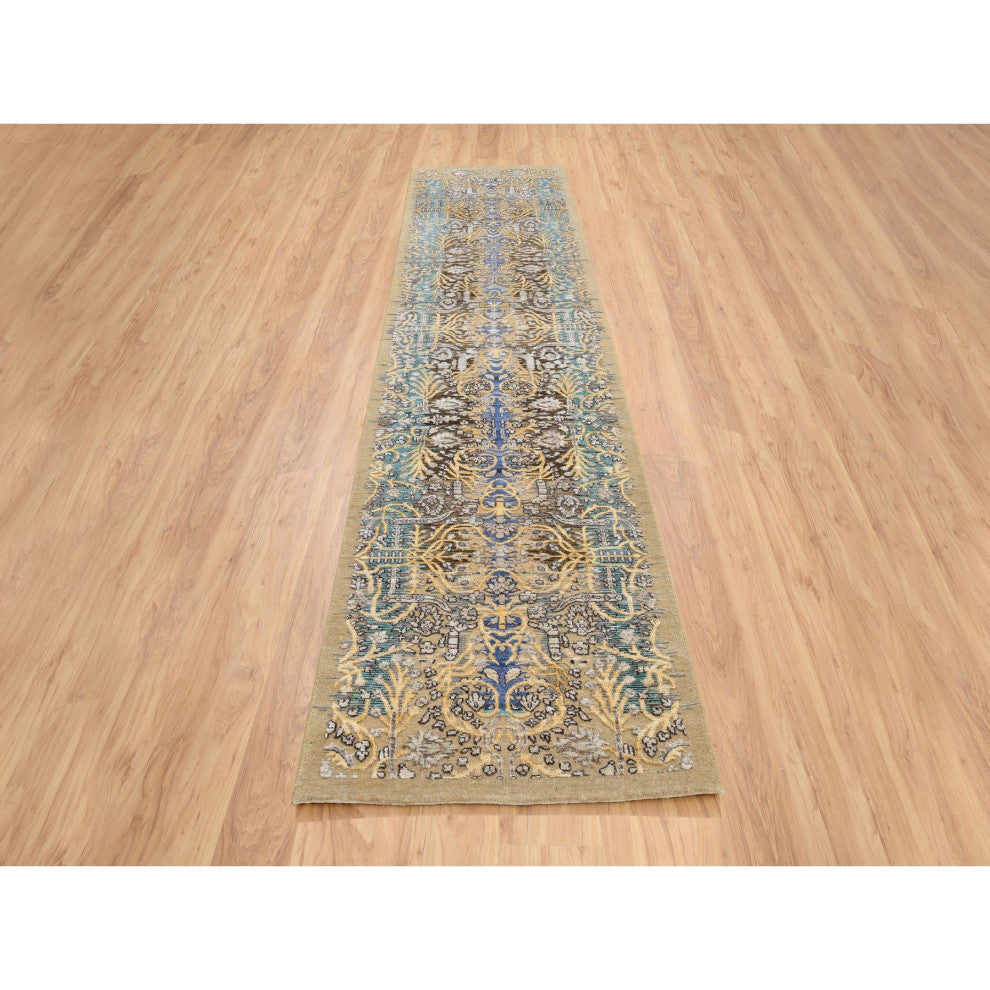 Tan/Brown Transitional Sarouk Silk With Wool Hand Knotted Runner Rug, 2'6"x12'1"