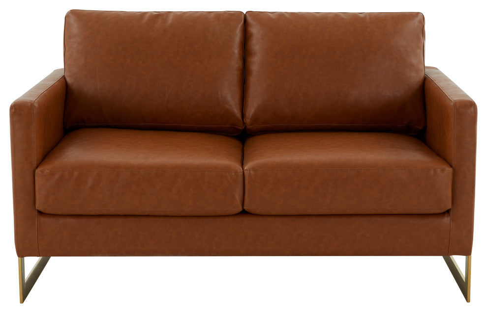 LeisureMod LA55BR-L Lincoln tan Modern Mid-Century Leather Loveseat Gold Frame