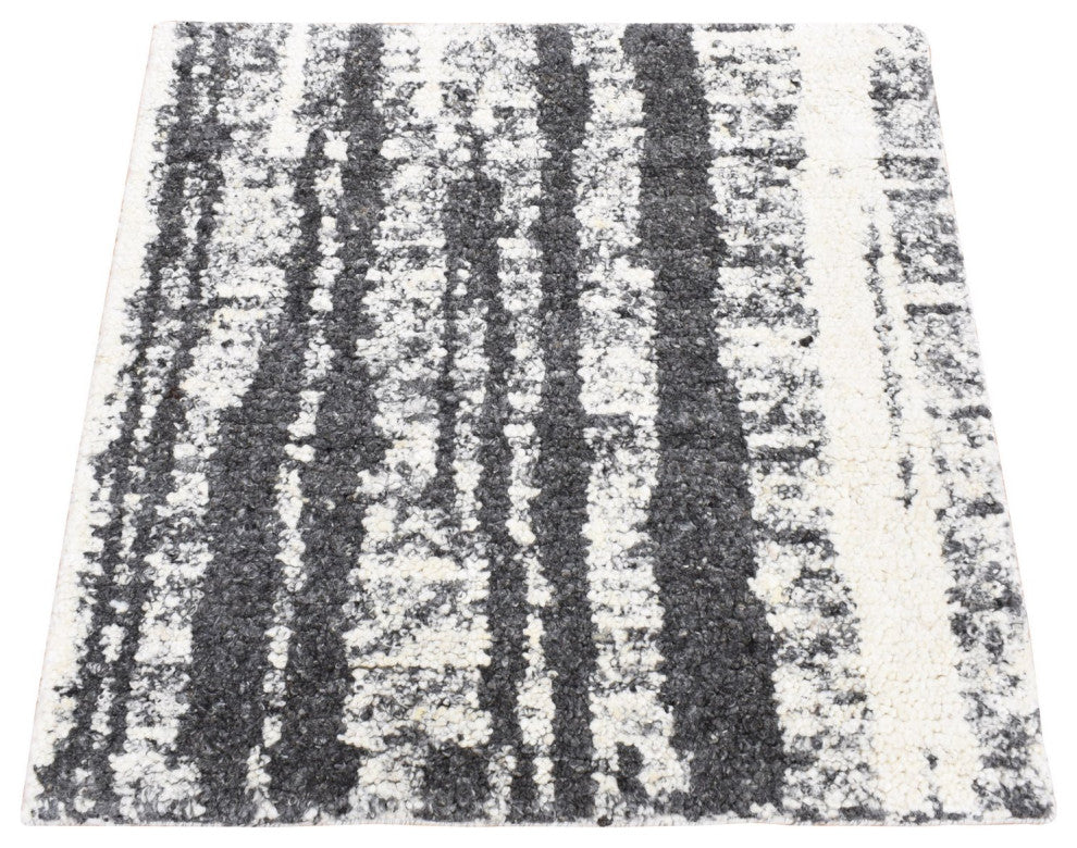 Olive Black, Modern Vertical Broken Wool Hand Knotted Oriental Rug, 3'x3'