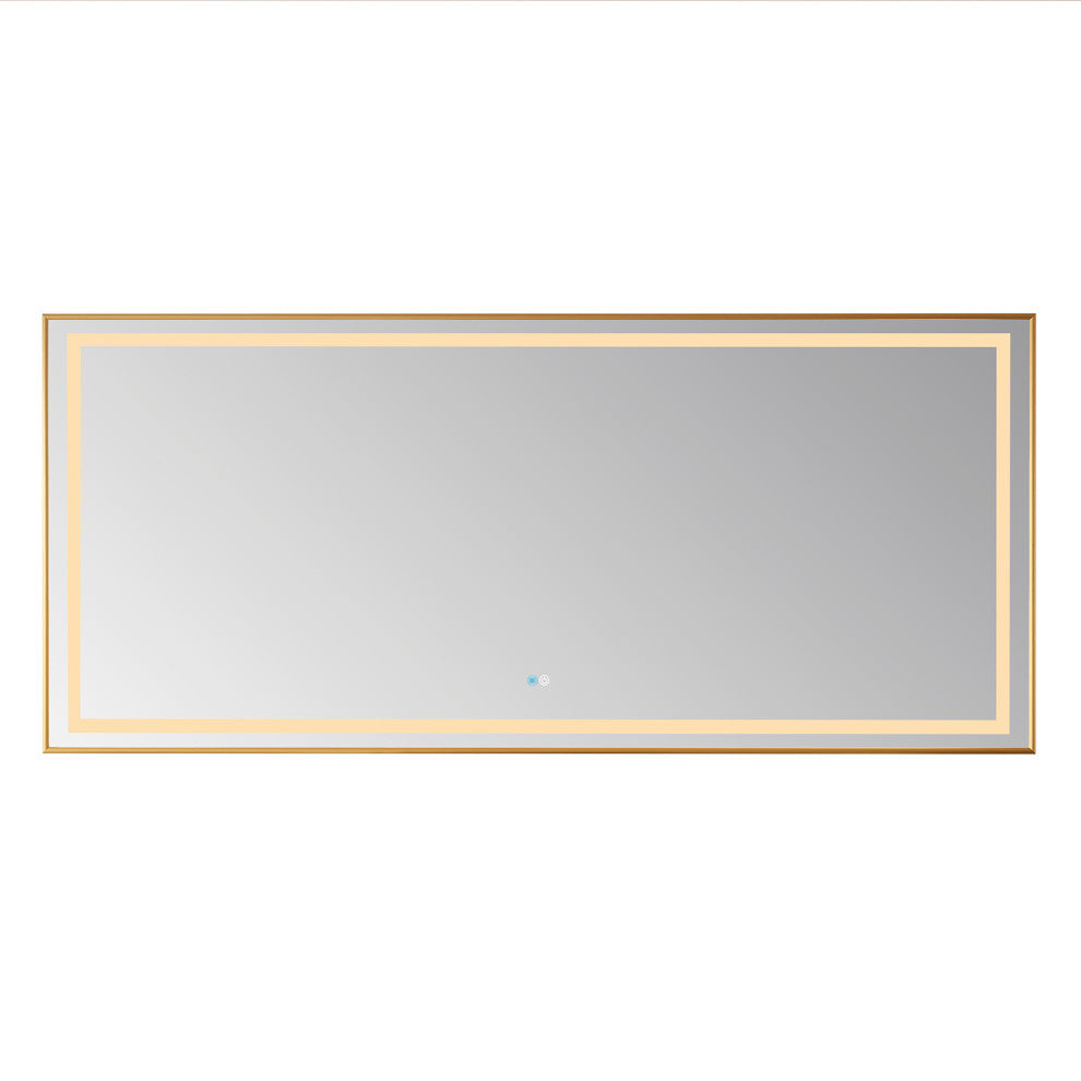 Horizontal Rectangular LED Wall Mount Bathroom Mirror, Gold, 72"