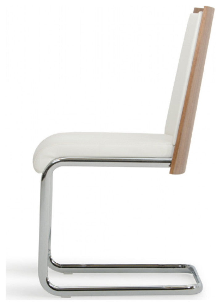 Set of 2 Modern White Faux Leather and Walnut Finish Dining Chairs