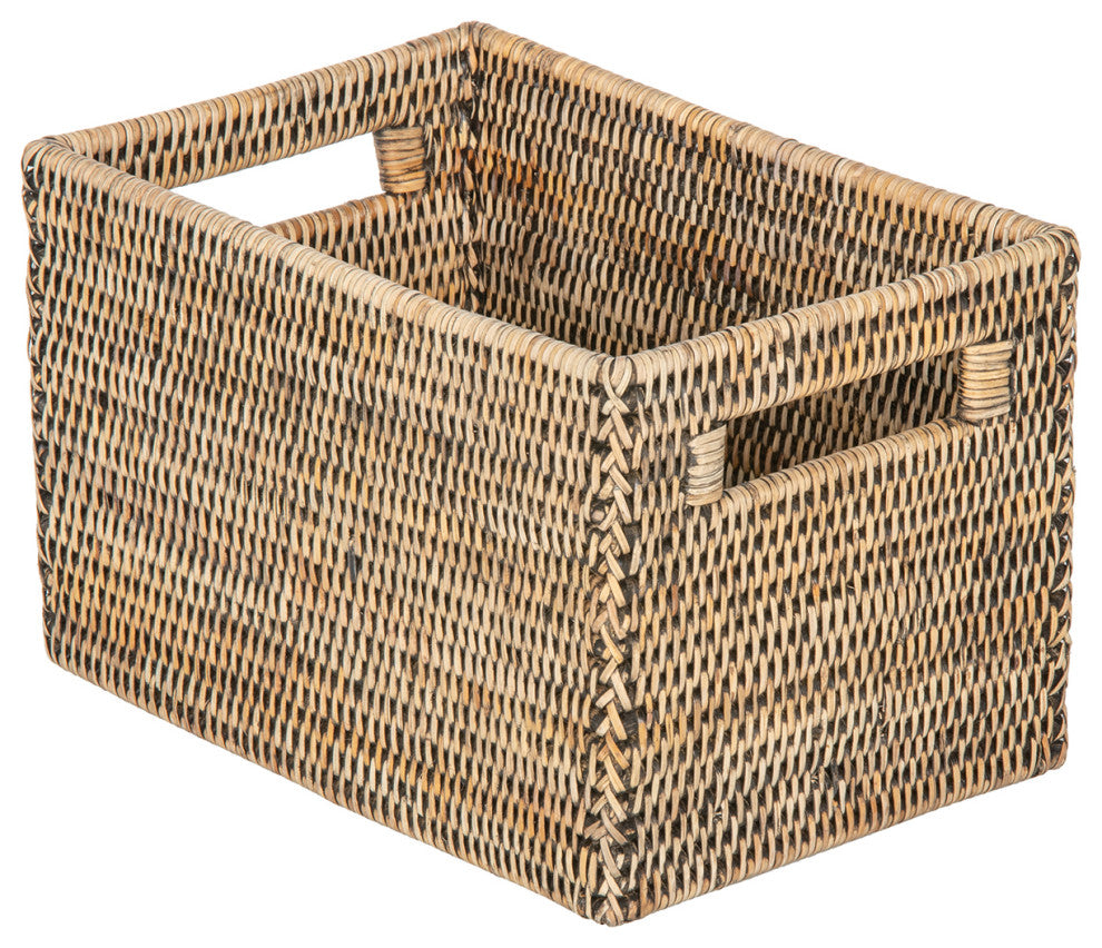 La Jolla Rattan Shelf Basket with Handles, Small, Black-Wash