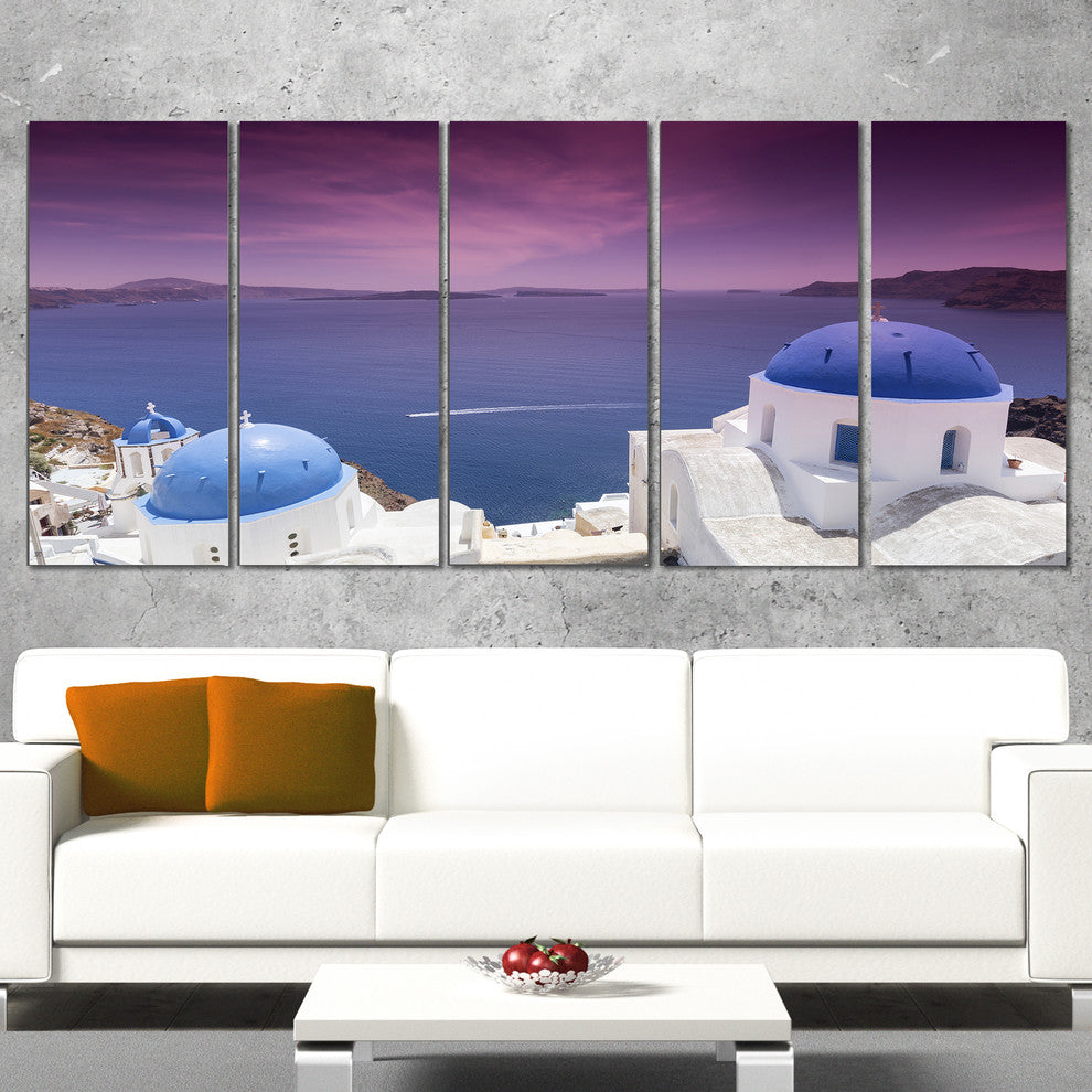 "Blue Domed Churches on Caldera" Landscape Print Wall Artwork, 5 Panels, 60"x28"