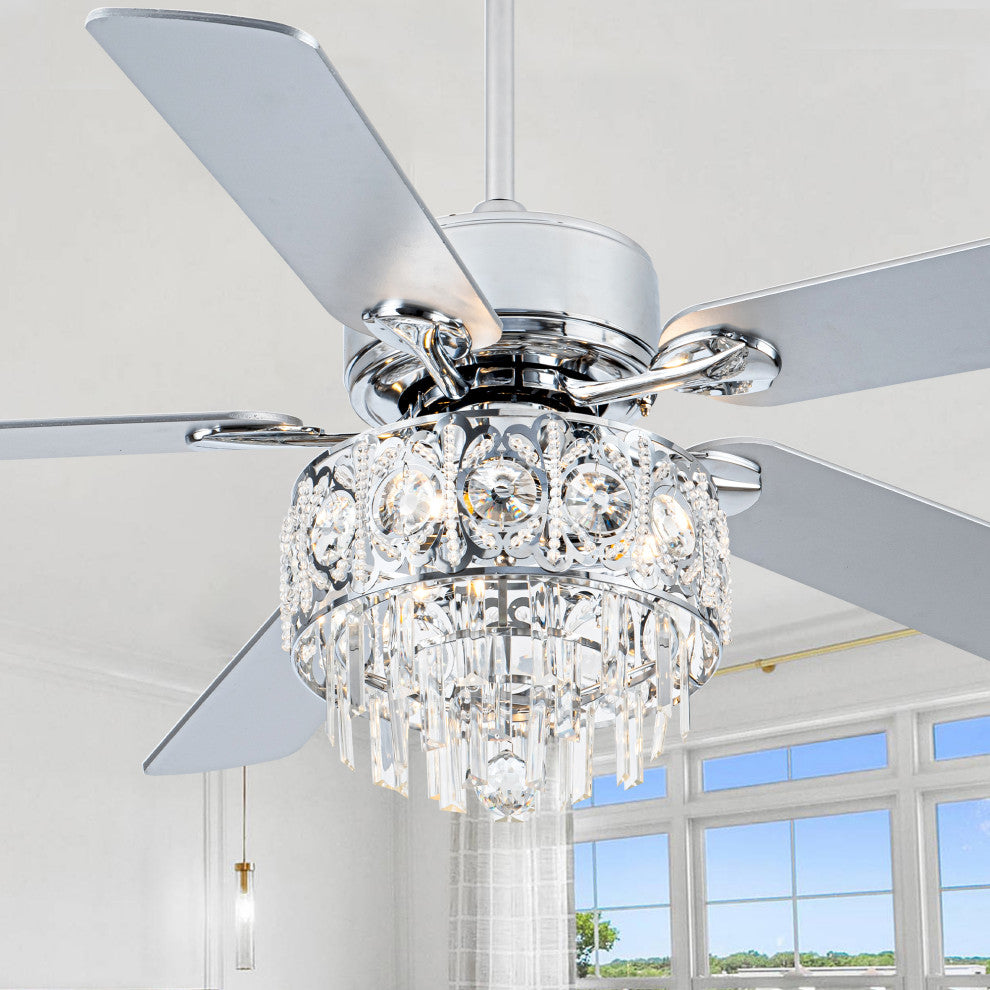 52" Modern Silver Crystal Ceiling Fan 6-speed with Dimmable Light and Remote, Chrome, 52"