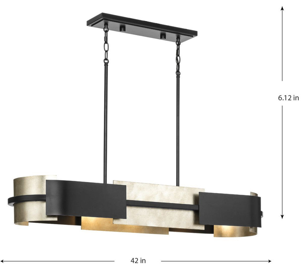 Lowery 4-Light Matte Black Linear Chandelier With Aged Silver Leaf Accent