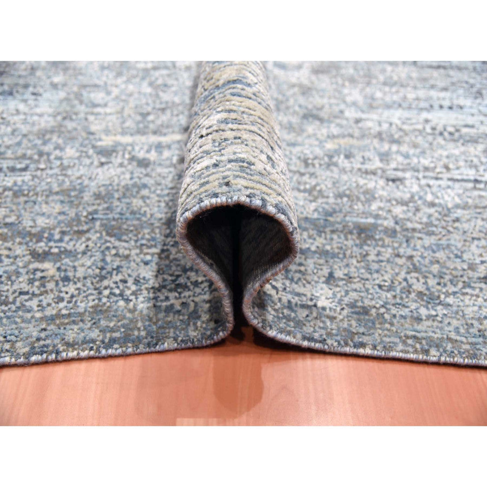 Blue Oceanic Wool and Pure Silk Hand Knotted Oriental Square Rug, 8'0"x8'2"