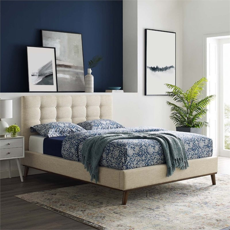 Beige McKenzie Queen Biscuit Tufted Upholstered Fabric Platform Bed