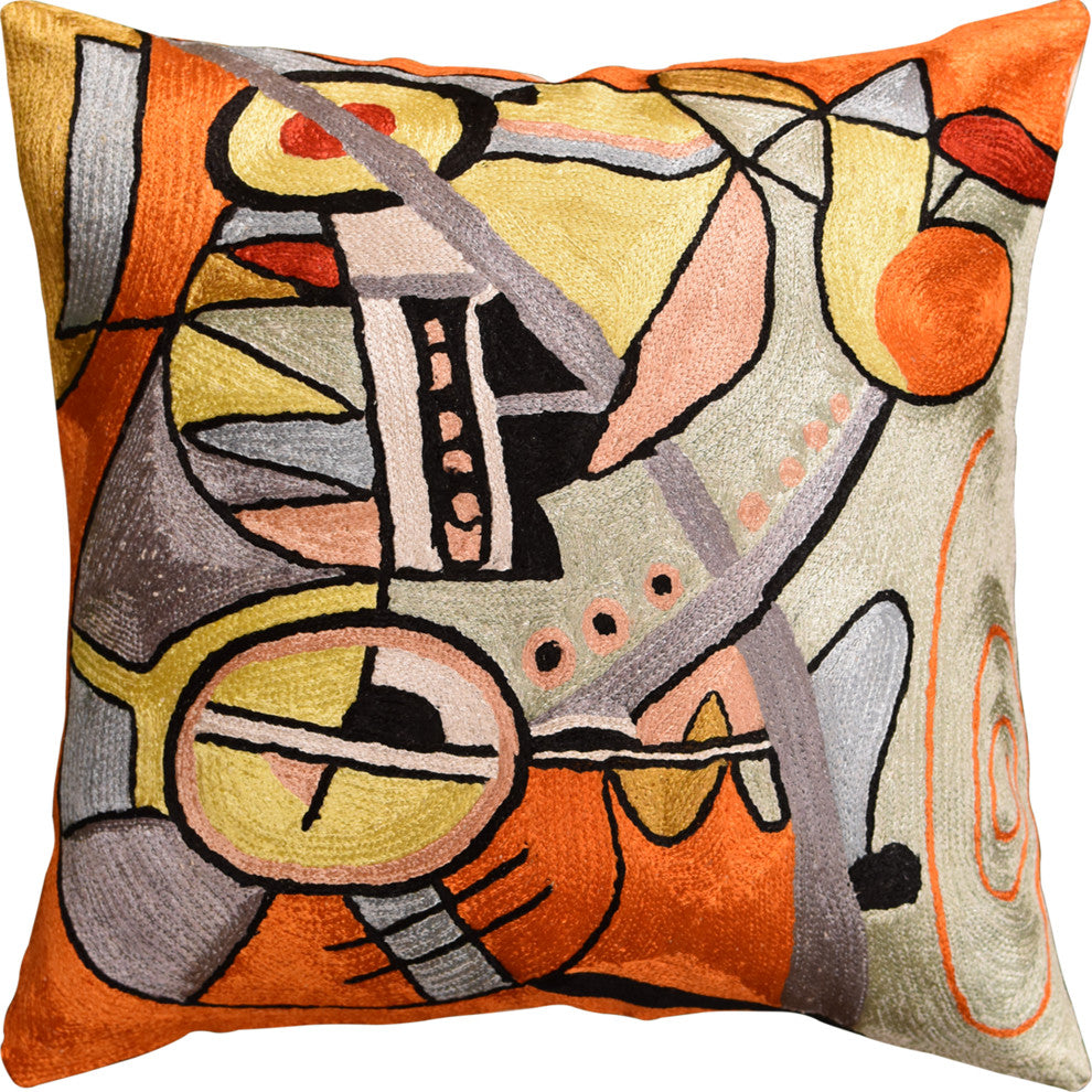 Kandinsky Symphony III Orange Pillow Cover Handembroidered Art Silk 18x18"