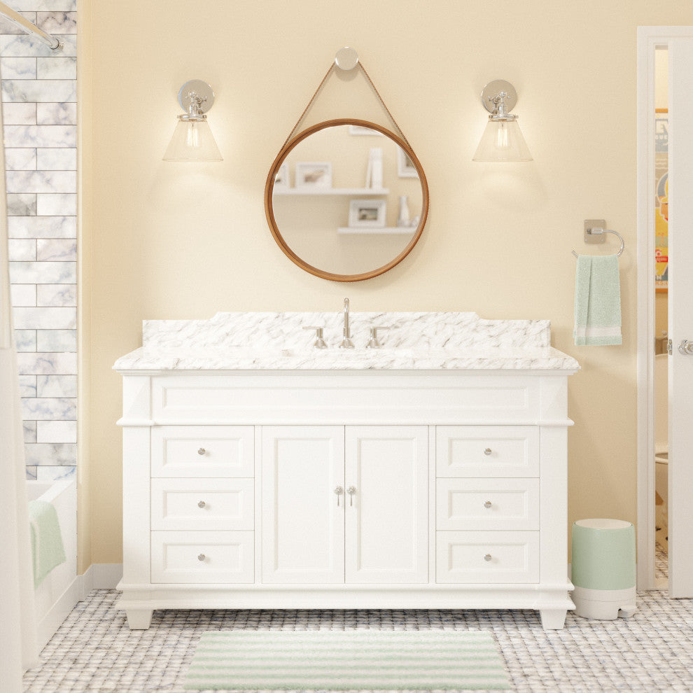 Elizabeth 60" Bathroom Vanity, Base: White, Top: Carrara Marble, Single Vanity