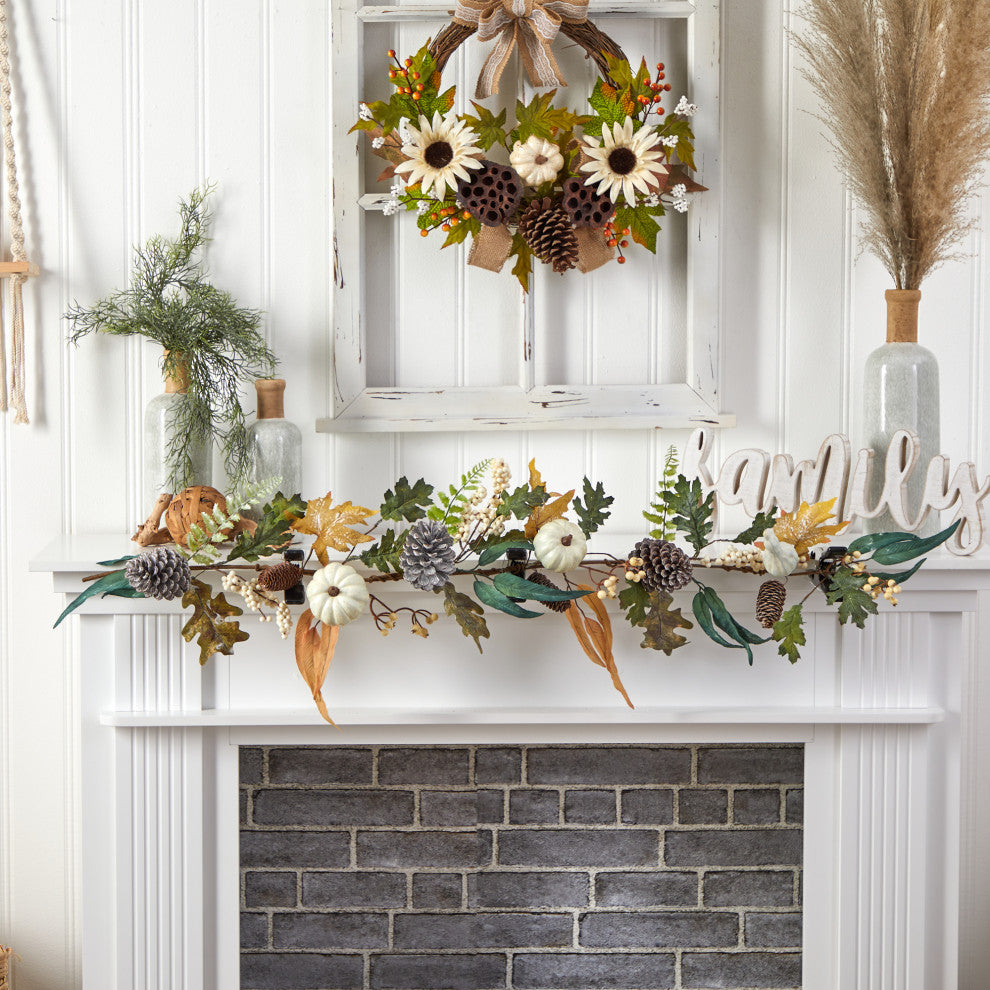 4' White Pumpkin, Pinecones and Berries Artificial Autumn Garland