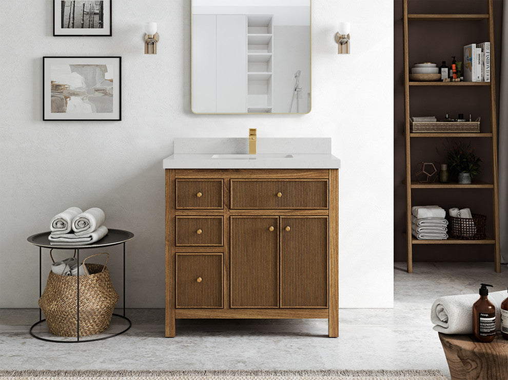 Sonoma Teak 36 Center Sink Bath Vanity in Dark Natural with 2" Carrara Quartz