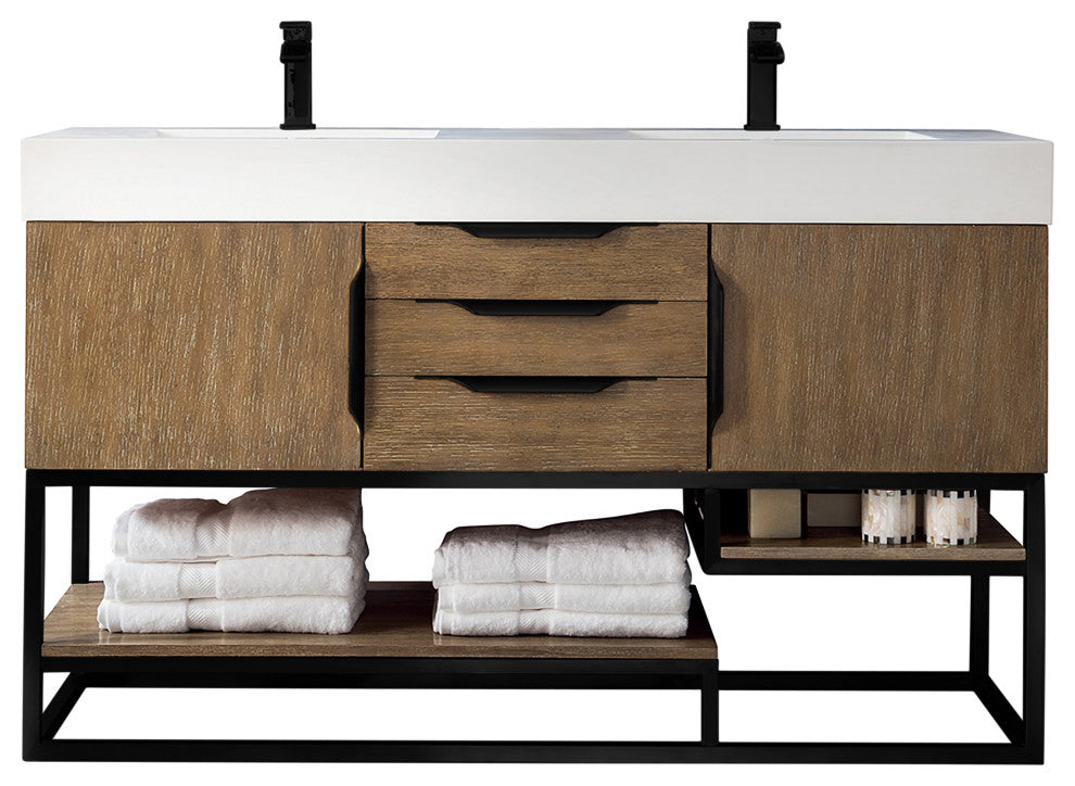 Columbia 59" Double Vanity, Latte Oak, Matte Black, Glossy White Composite Top