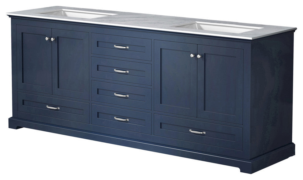 Dukes 80" Vanity, Wht Carrara Marble Top, Wht Sq Sinks & No Mirror, Navy Blue
