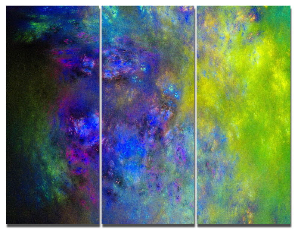Blue Green Starry Fractal Sky, Abstract Triptych Canvas Print, 36x28, 3 Panels