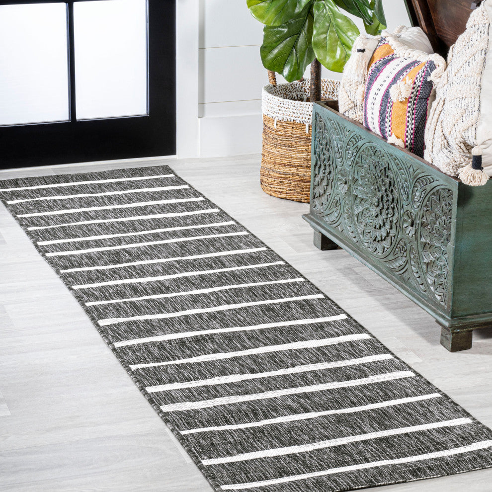 Colonia Berber Stripe Indoor/Outdoor Rug, Black/Ivory, 2x10