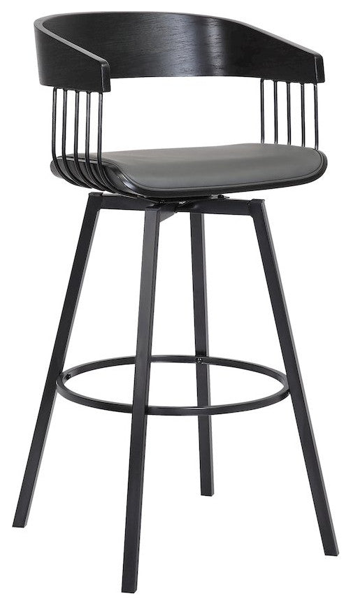 Athena Upholstered Wood Swivel Bar or Counter Stool with Black Metal