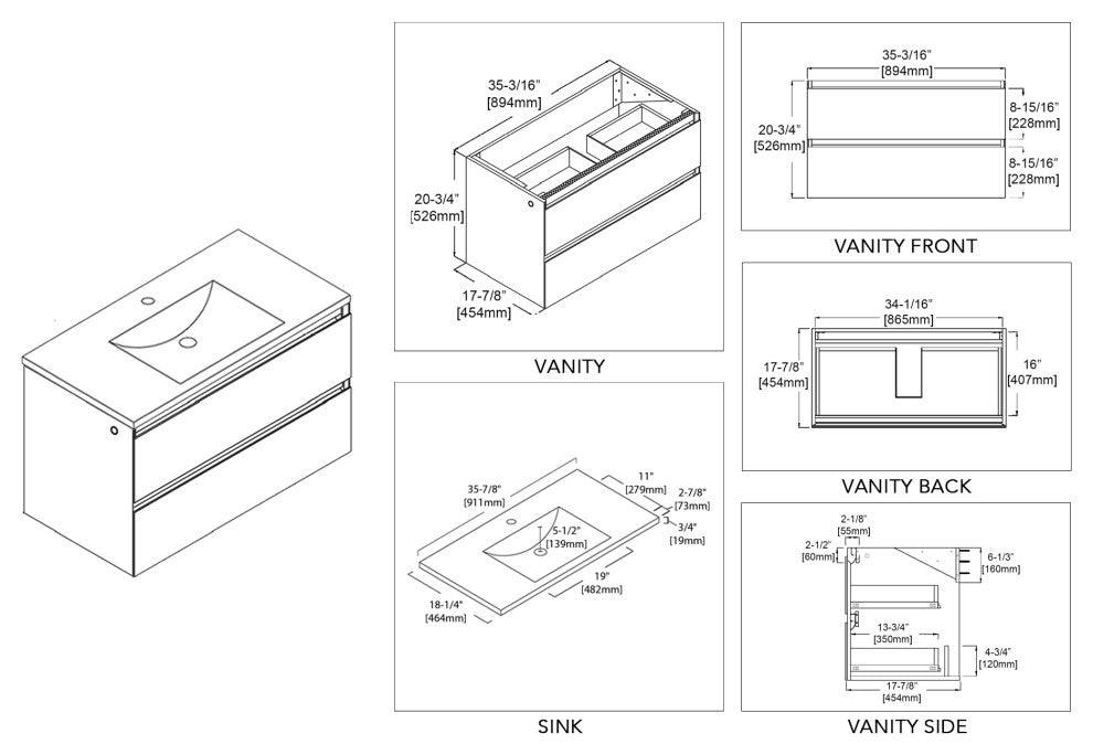 LED Lighted Bathroom Vanity With Ceramic Sink and Dimmed Light, Light Gray, 36"