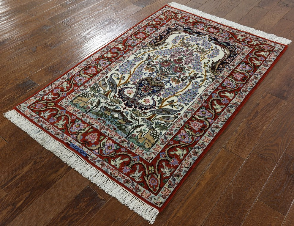 Signed Hand Knotted Wool and Silk Authentic Persian Isfahan Area Rug, 4'x5'