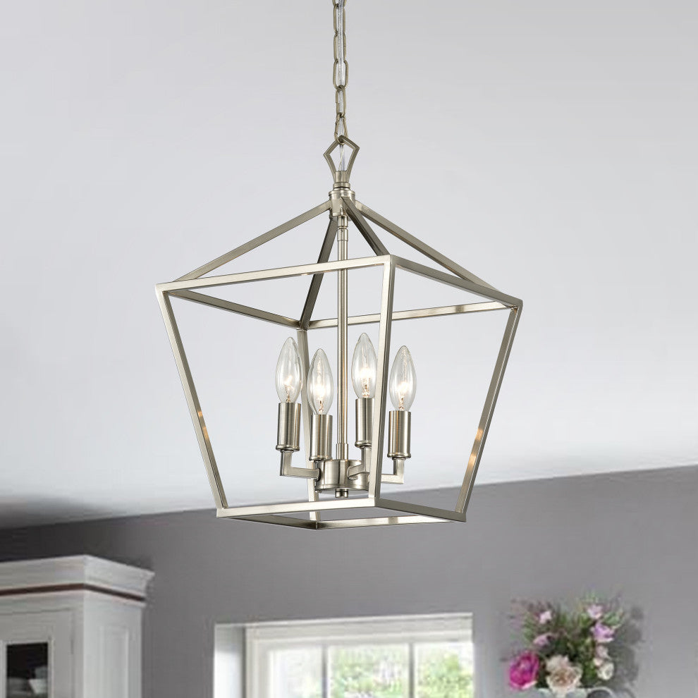 4-Light Brushed Nickel Lantern Pendant Chandelier 12 in.