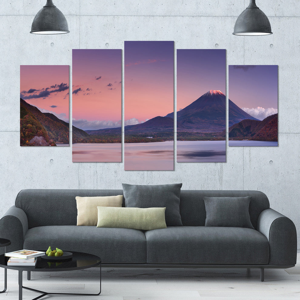 Sunset at Mount Fuji and Lake Motosu, Landscape Canvas Art, 60"x32", 5 Panels