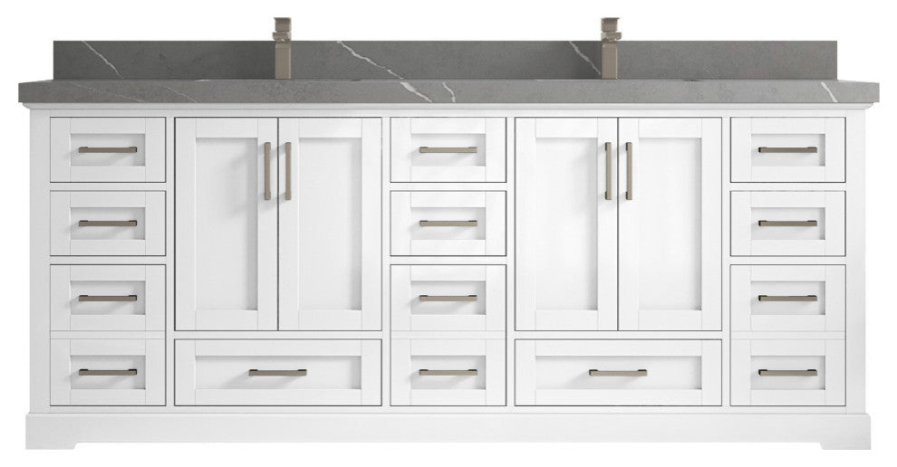 Boston 84 Double Sink Bath Vanity in White 2" Piatra Gray