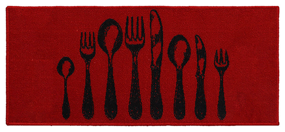 Wool-Effect Kitchen Mat With Chic Cutlery Print, Red, 48x20