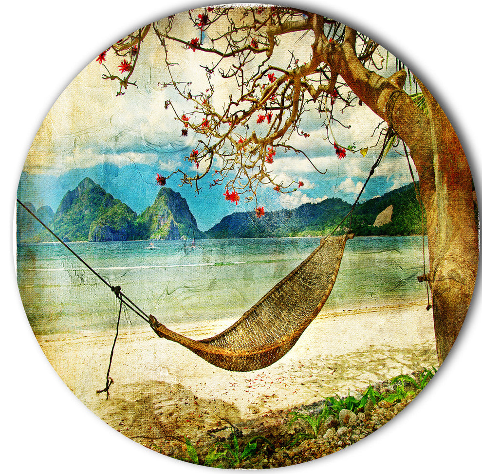 Tropical Sleeping Swing, Digital Art Landscape Disc Metal Wall Art, 23"