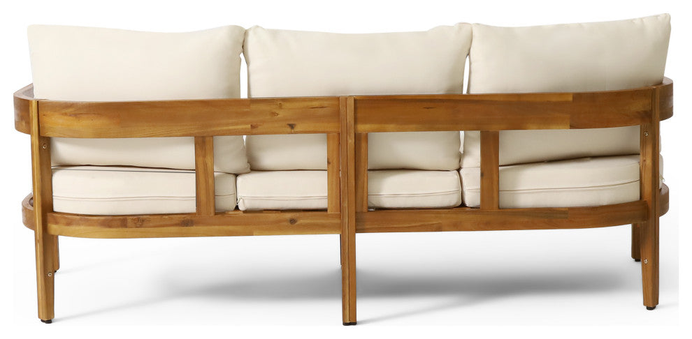 Brooklyn Outdoor Acacia Wood 3 Seater Sofa with Cushions, Teak and Beige