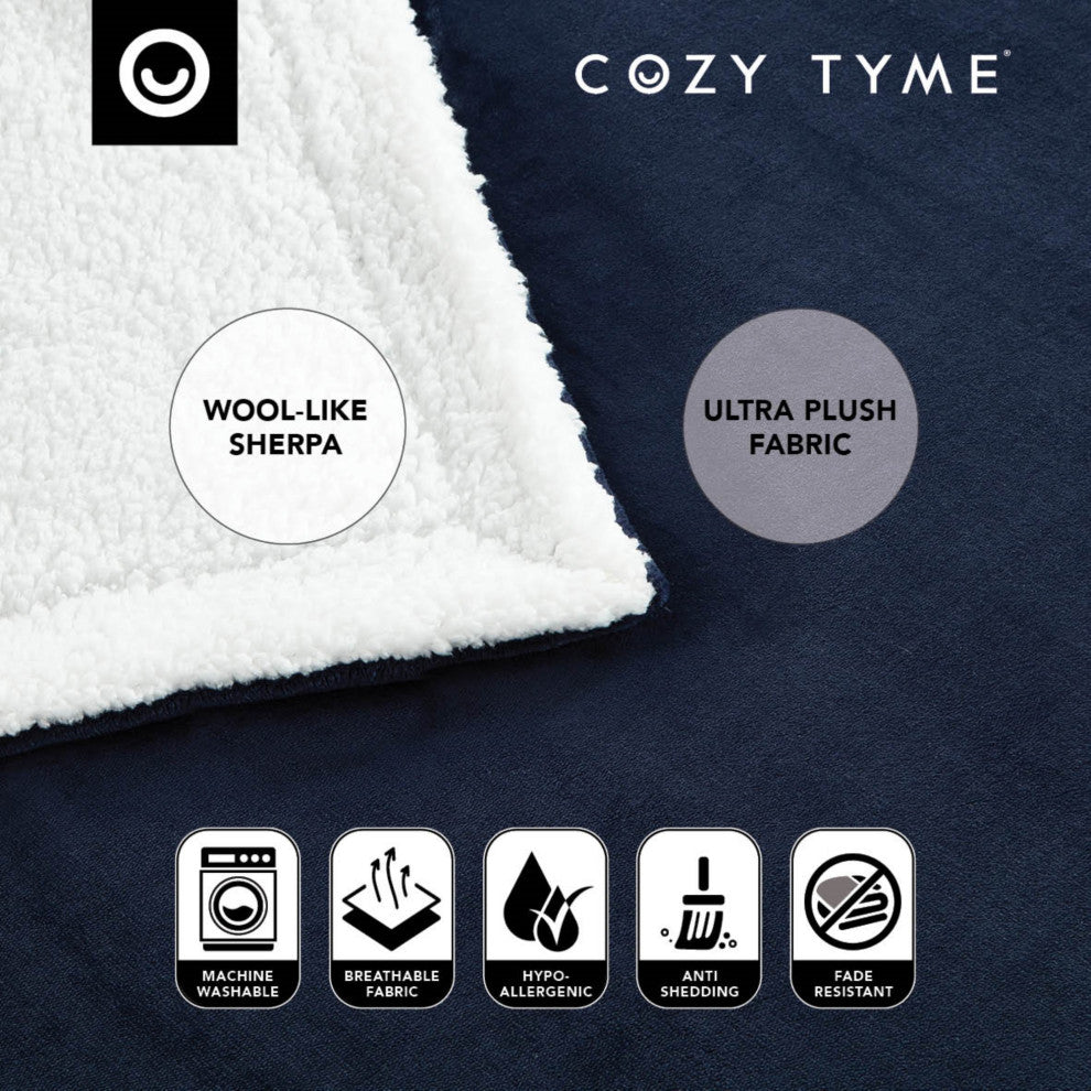 Amarey Flannel Reversible Sherpa Throw Blanket, Navy, 90"x90"