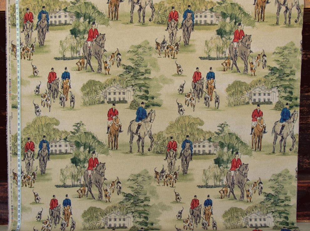 Horse hunt toile fabric red green equestrian home decorating material, Standard Cut
