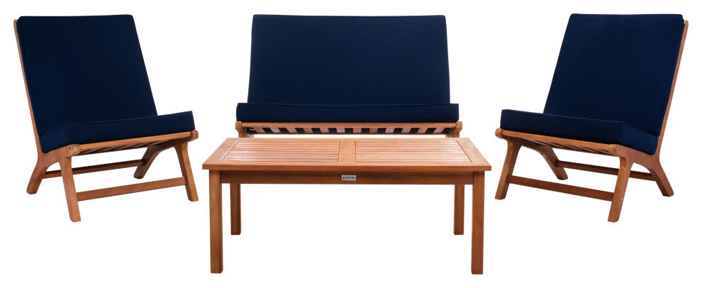 Safavieh Chaston Indoor-Outdoor 4-Piece Living Set, Natural Wood/Navy Cushion
