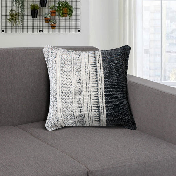 Benzara BM200554 18 x 18 HandWoven Cotton Pillow with Block Print White and Gray