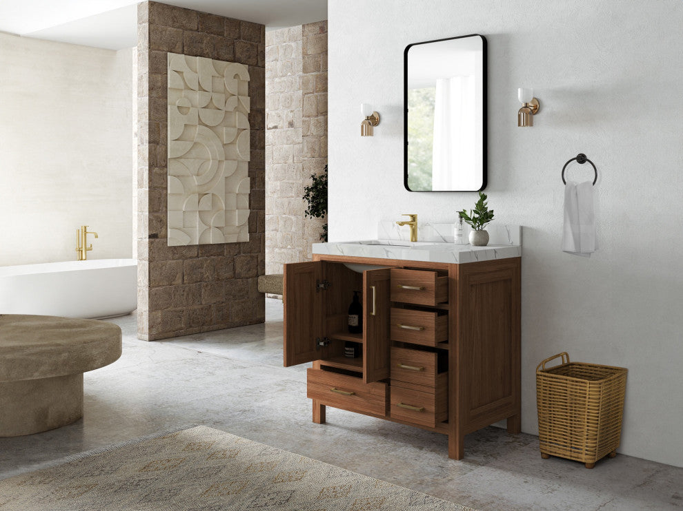 Malibu Teak 36" Left Offset Bath Vanity in Dark Natural  2" Viola Brown