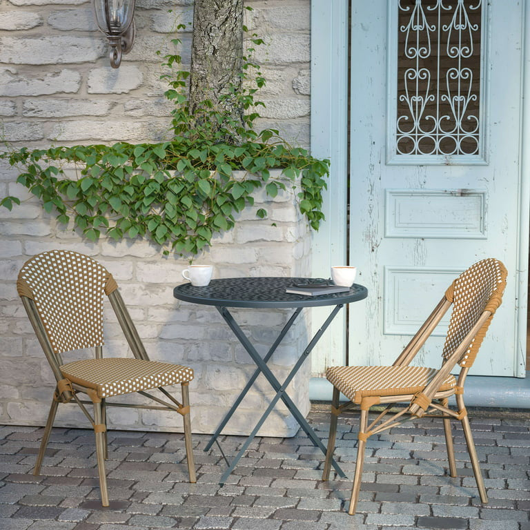 Set of 2 Indoor Outdoor Dining Chair, Woven Rattan Seat & Back, Natural & White