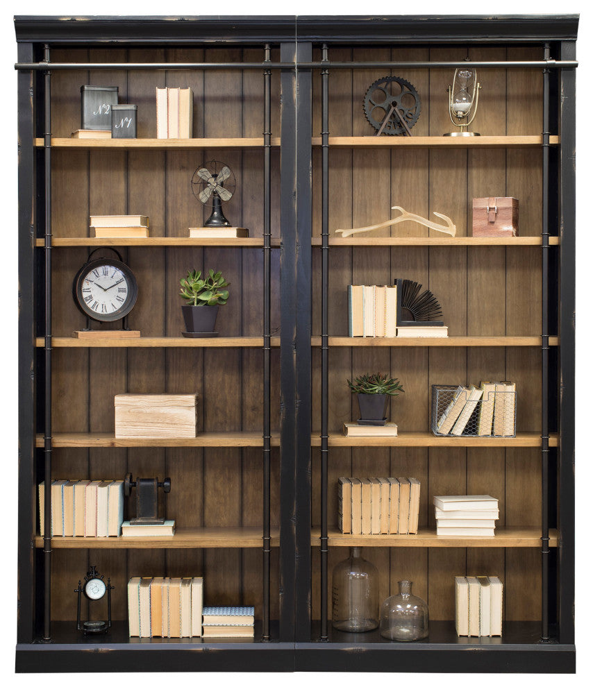 8' Tall Bookcase Wall With Ladder, Storage Organizer, Black