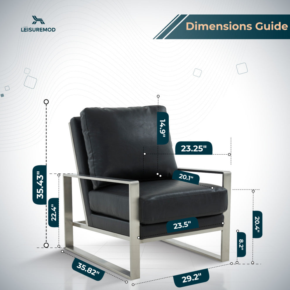 LeisureMod Jefferson Faux Leather Accent Armchair With Silver Frame, Black