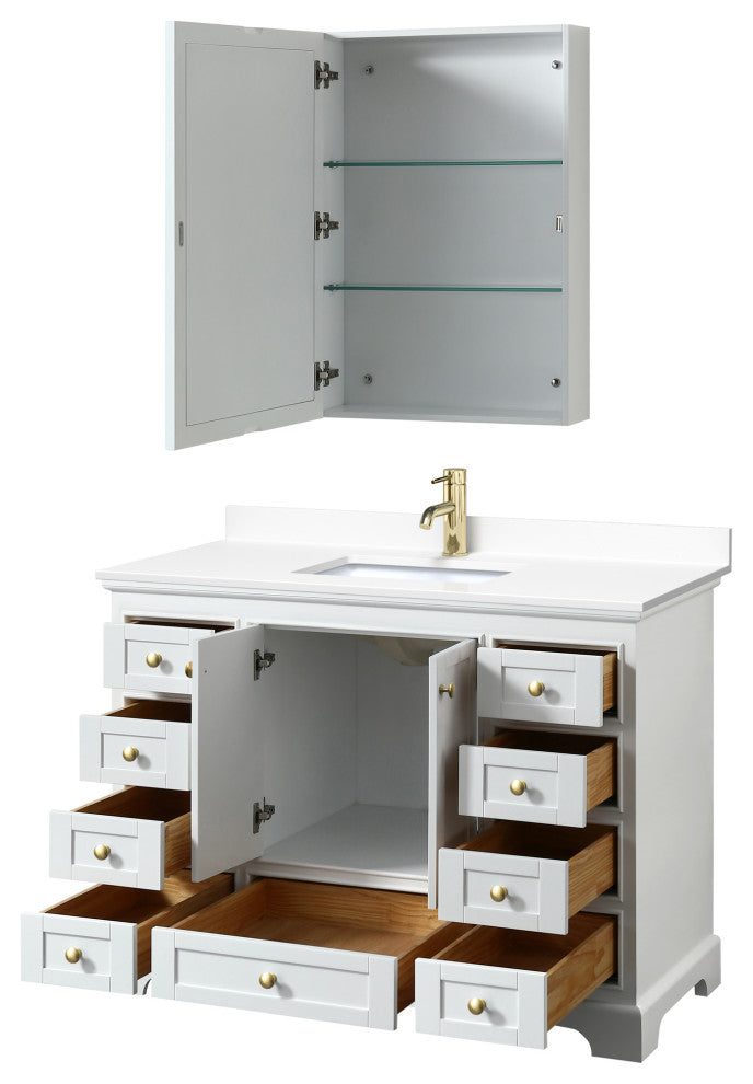 48"SGL Vanity White, White Cult. Marble Countertop, Sink, Gold Trim, Med.Cabinet